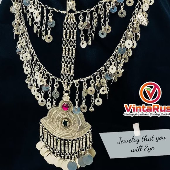 Multilayers Gypsy Nomadic Oversized Bib Necklace, Tribal Kuchi Necklace - Picture 2 of 8